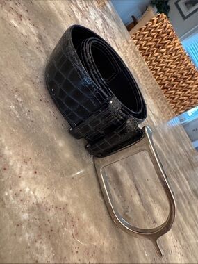 Sandy Duftler Black Patent Croc Belt with Silver Spur Buckle